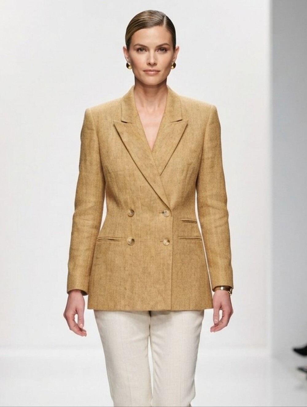 Ellen Tracy Company Petite Gold Tan 100% Linen Double Breasted Blazer Size 12